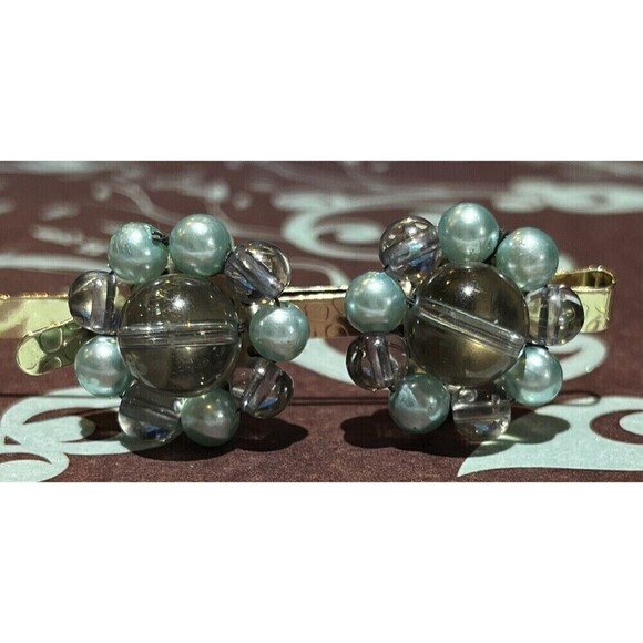 Vintage 1950s Japan Signed Blue Beaded Flower Clip On Earrings - Picture 1 of 7